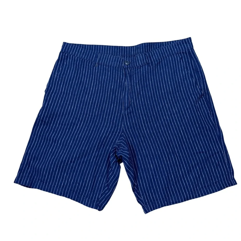 Calvin Klein Striped Linen Cotton Shorts Mens 36 Navy Blue Pinstripe Casual